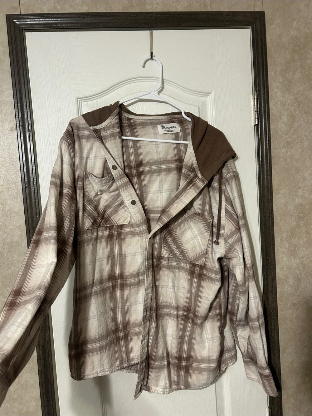 Plaid Hooded Button-Up Jacket - Brown/Beige
